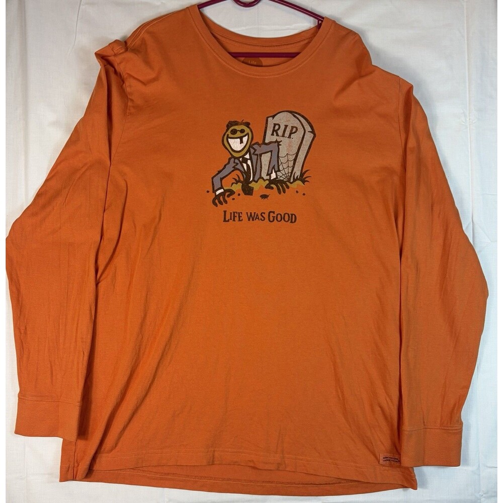 Life Is Good Crusher Tee L/S Life Was Good RIP Halloween Funny Orange Men’s 2XL